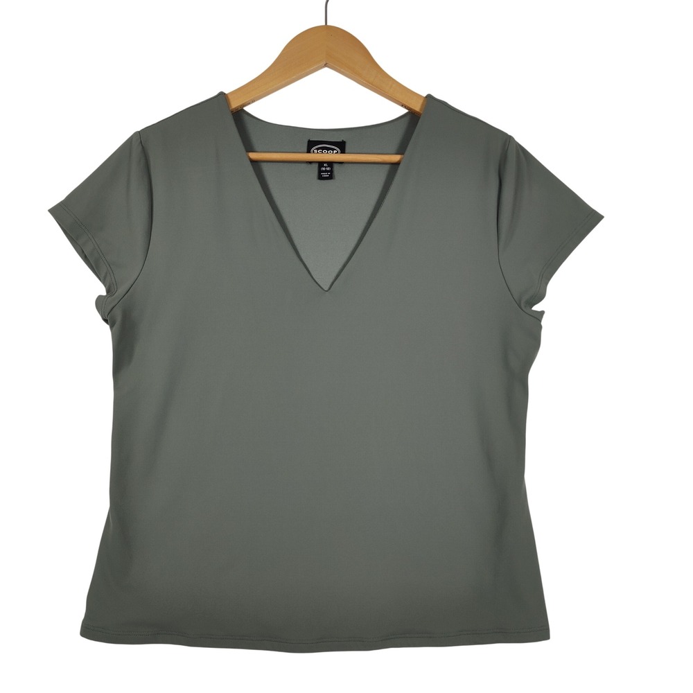 Scoop Womens XL Olive Green V-Neck Short Sleeve Top Work Wear Quiet Luxury